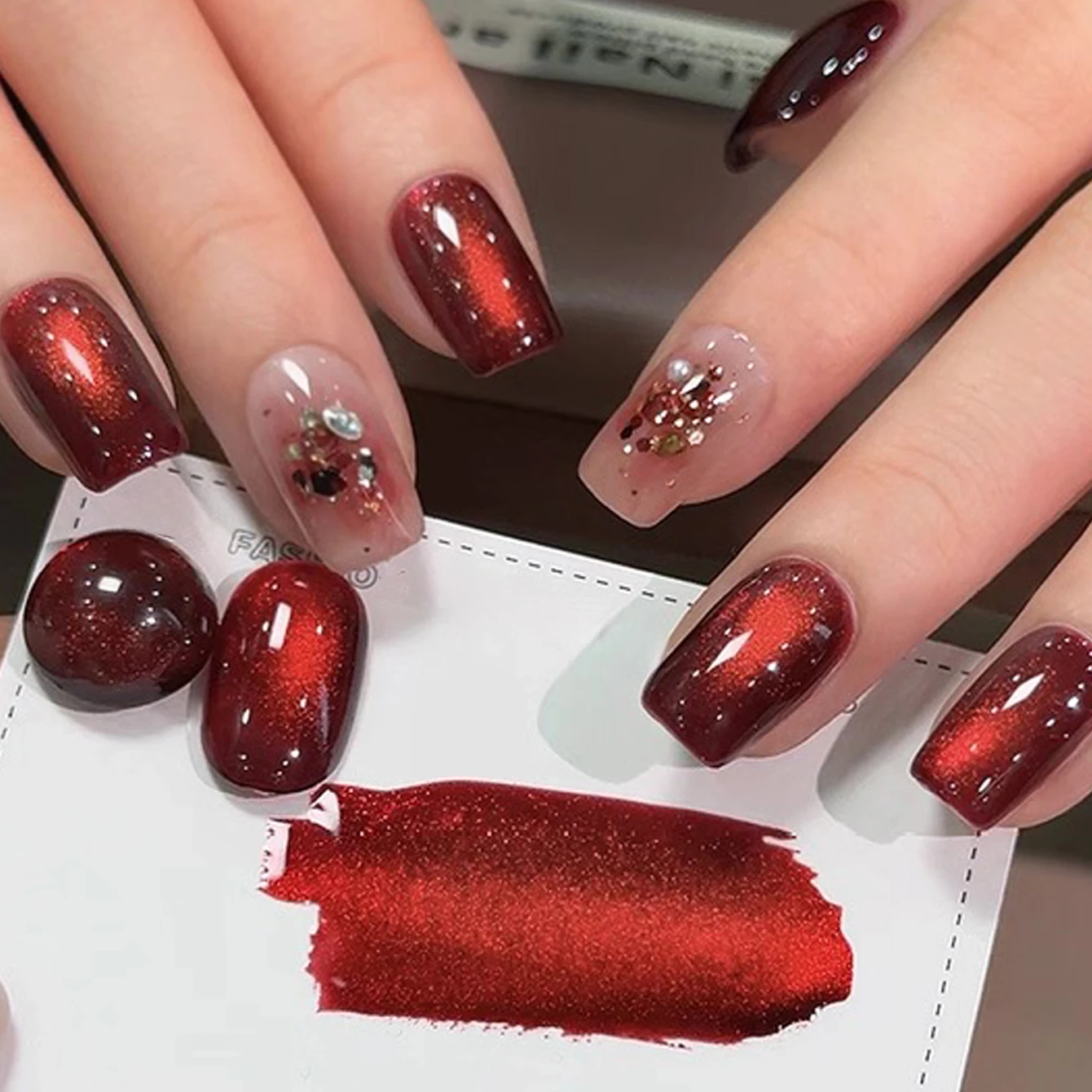 Nail Art Red Wine Cat Eye - 1개 TC 플래시 체리 와인 레드