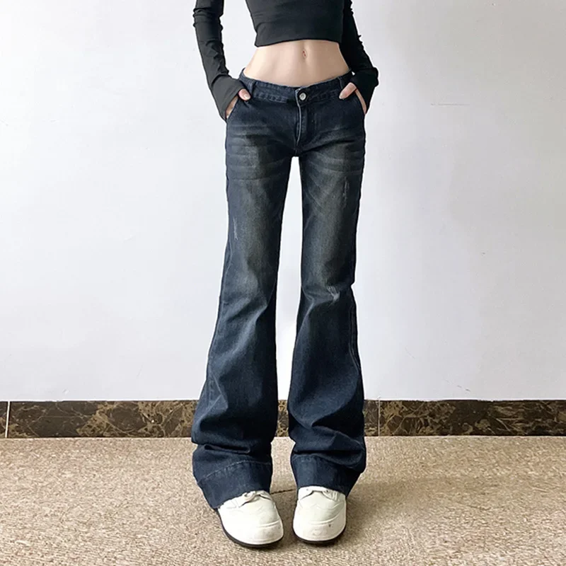 American Style Vintage Sexy Low Waist Slimming Jeans For Women Distressed Washing Versatile Micro Flared Trousers Streetwear 202