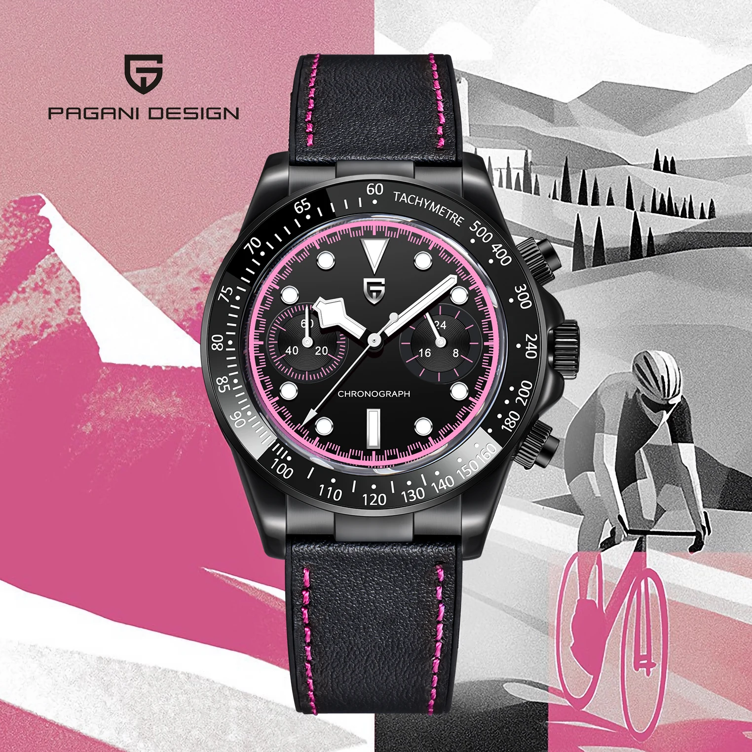 PAGANI DESIGN 2026 New Fashion Luxury Quartz Watch For Men Black Pink Racing car Sport Chronograph Black Leather Wrist watch Men