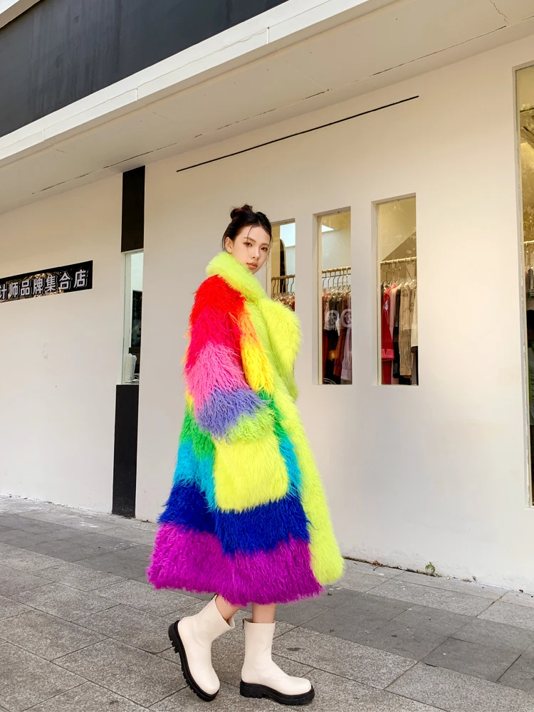 Original Design Female Colourful Faux Fur Coat Contrast Color Lapel Long Jacket Lady Shaggy Outerwear Women\'s Winter Coats