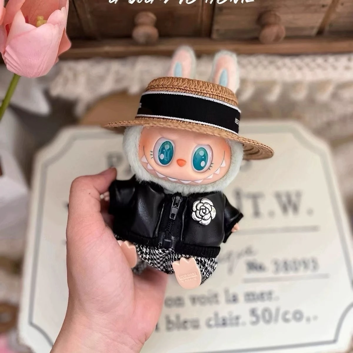 Labubu – vêtements de poupée camélia, veste noire, manteau, pantalon à grille, ensemble de 17cm, vêtements de poupée en peluche, vêtements de poupée idole Labubu I II ﻿