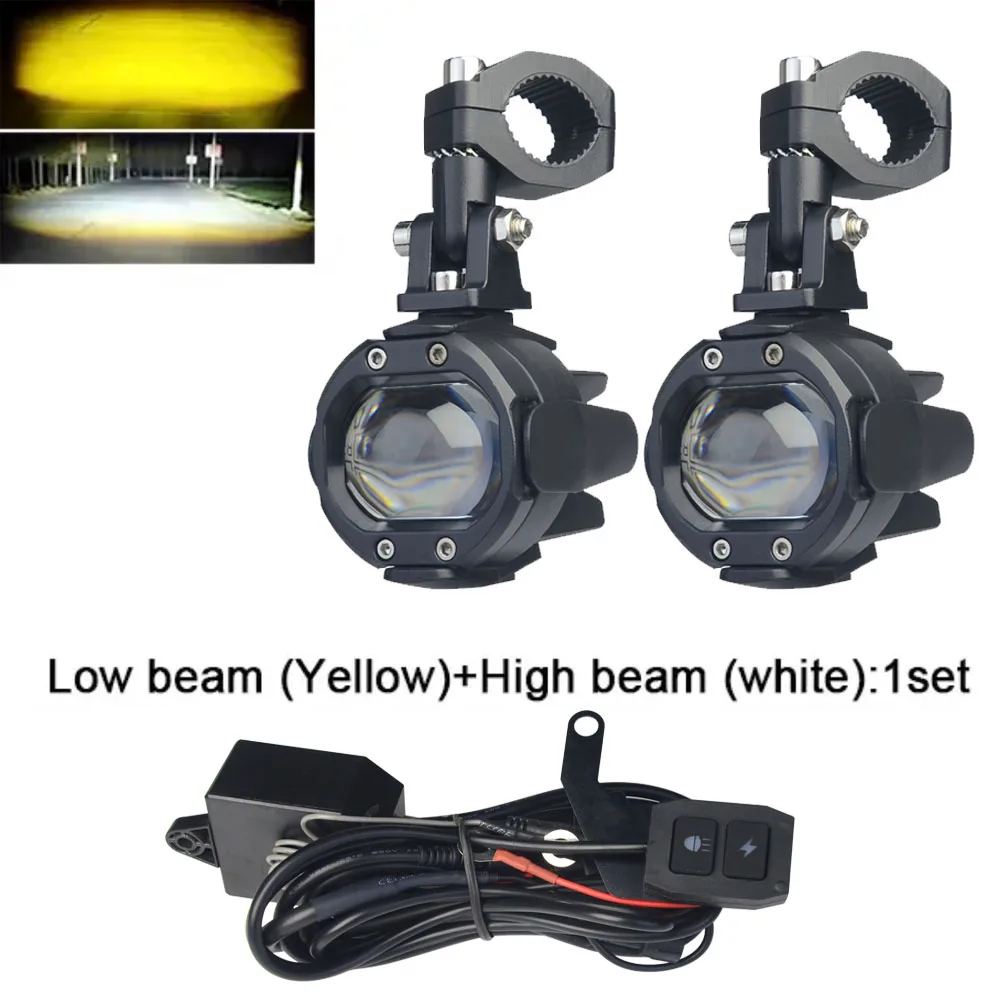 Motorcycle LED Headlight Projector Lens Dual Color Flashing With Switch Driving Lamp Fog Lights Auxiliary Motorcycle Spotlight