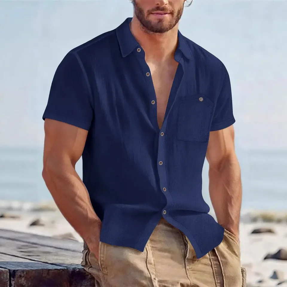 Mens Short Sleeve Shirt Summer New Cotton Linen Shirts Vacation Beach Male Tops Solid Casual Lightweight Lapel Button Shirt
