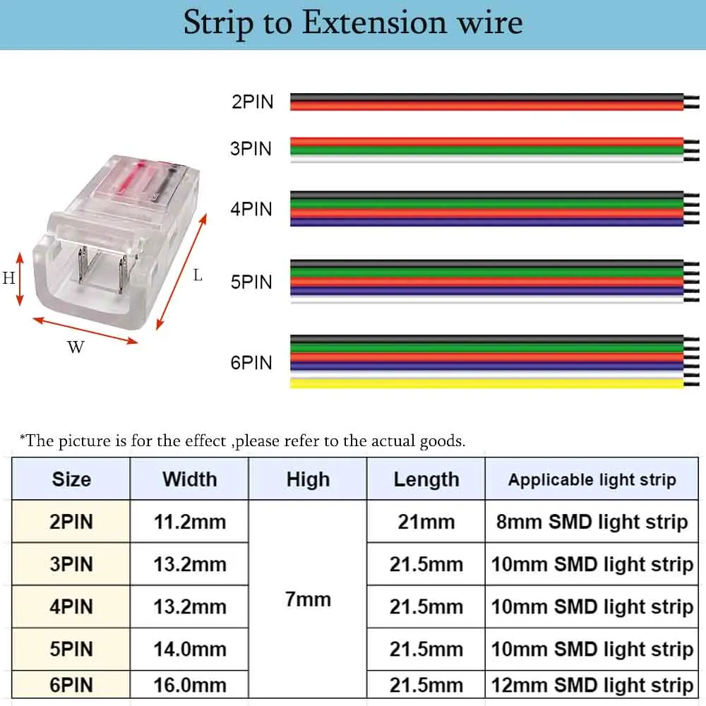 2Pin 3Pin 4Pin 5Pin 6Pin Led Strip to Wire Extension Cable Terminal Connector Transparent Solderless Easy Install 8mm 10mm 12mm