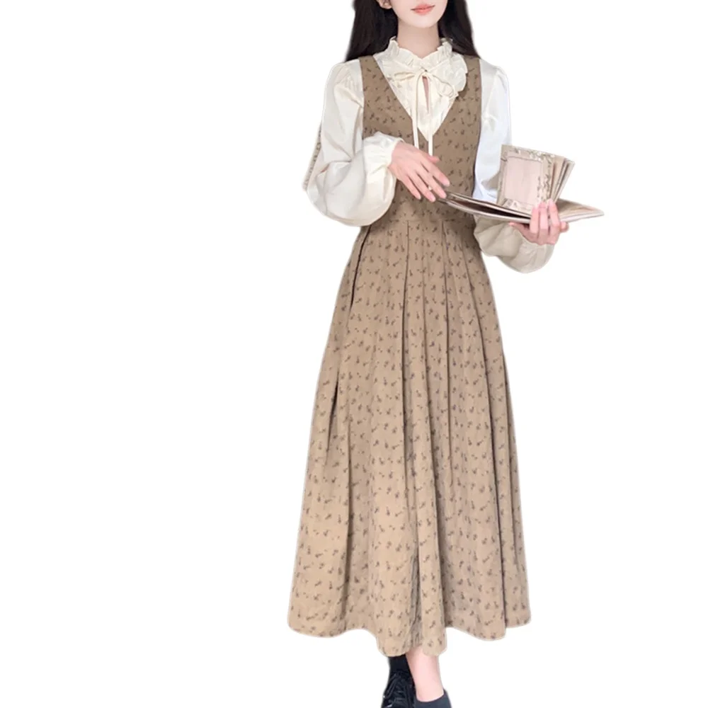 Velluto a coste floreale retrò dolce marrone Dr Autunno Inverno plus Size Gilet interno per studenti irt Set a due pezzi Gonna a trapezio a vita alta