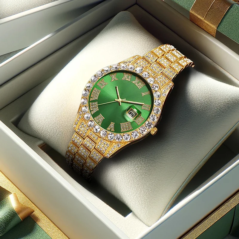 A men's green elegant light-luxury style quartz watch with a calendar and starry sky design
