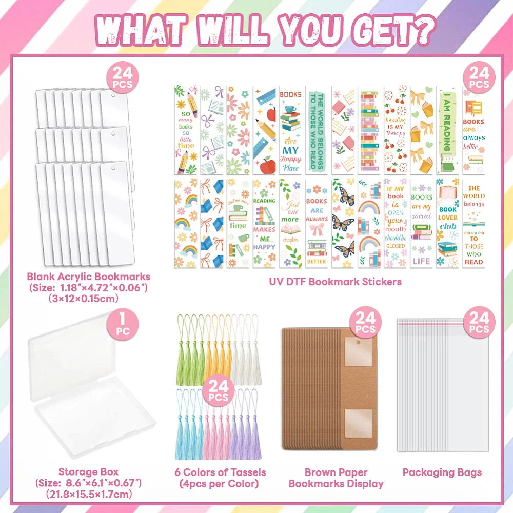 121pcs Books and Flower UV DTF Bookmark Making Kit Acrylic Carft for Women Men Adult DIY Personalized Cute Bookmarker Decal