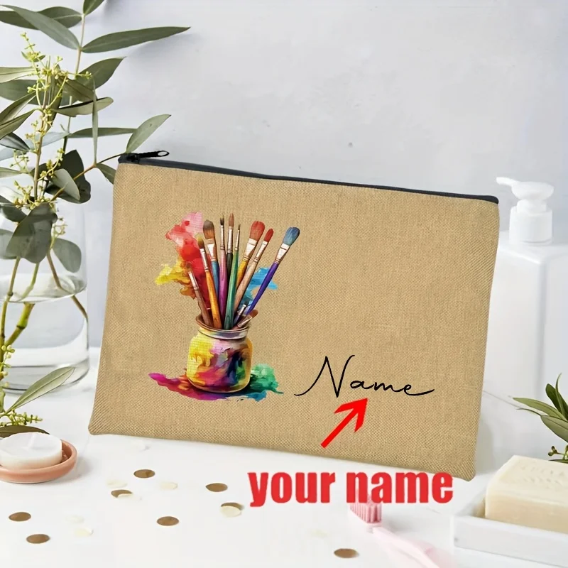

Personalized Artist Brush Pattern Linen Makeup Bag Custom Name Cosmetic Pouch Travel Organizer with Zipper Closure Painters Gift