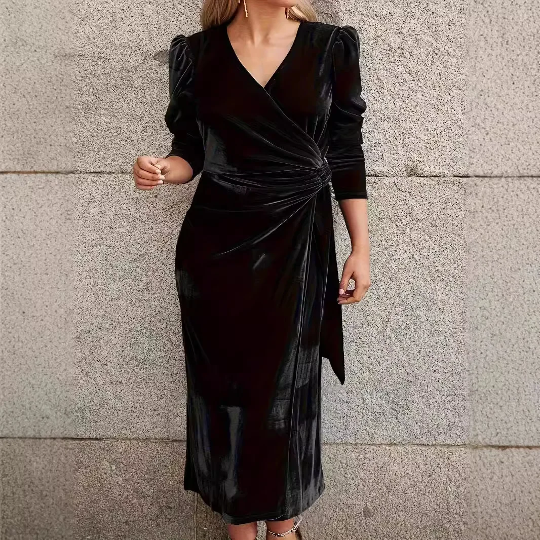 Robe élégante en velours pour femmes, couleur unie, col en v, manches longues, taille haute, robe de soirée formelle, automne/hiver 2025
