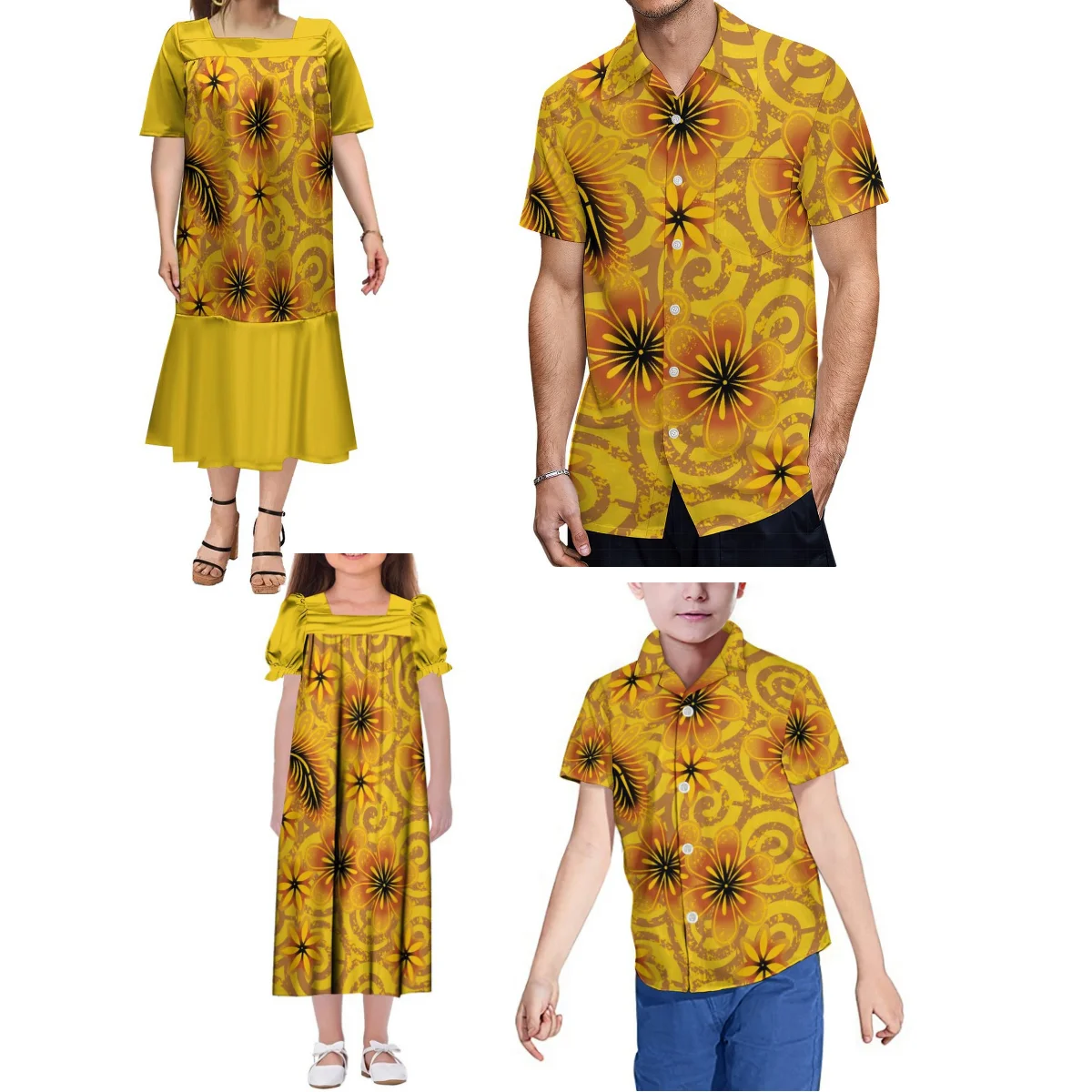 

Summer Women'S Mumu Fishtail Dress Girls Cute Dress And Men'S Shirt Boys' Shirt Polynesian Island Design Family Set