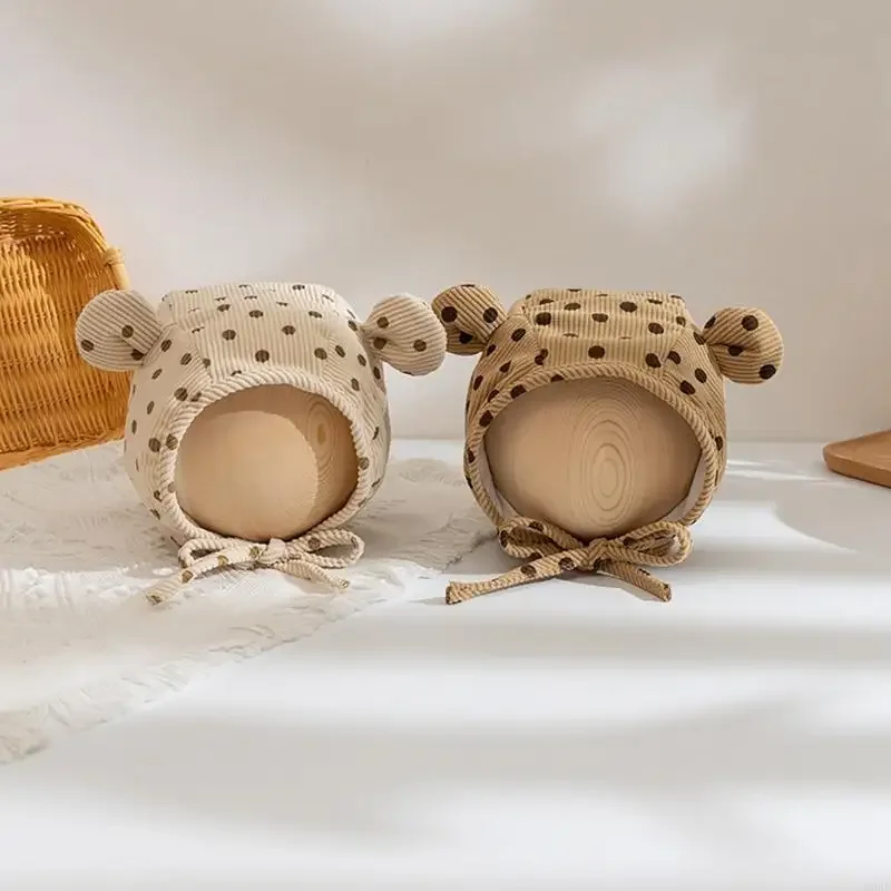 

D0AF Stylish Baby Hat with Ear Dot Print Corduroy Bonnet Caps for Autumn and Winter