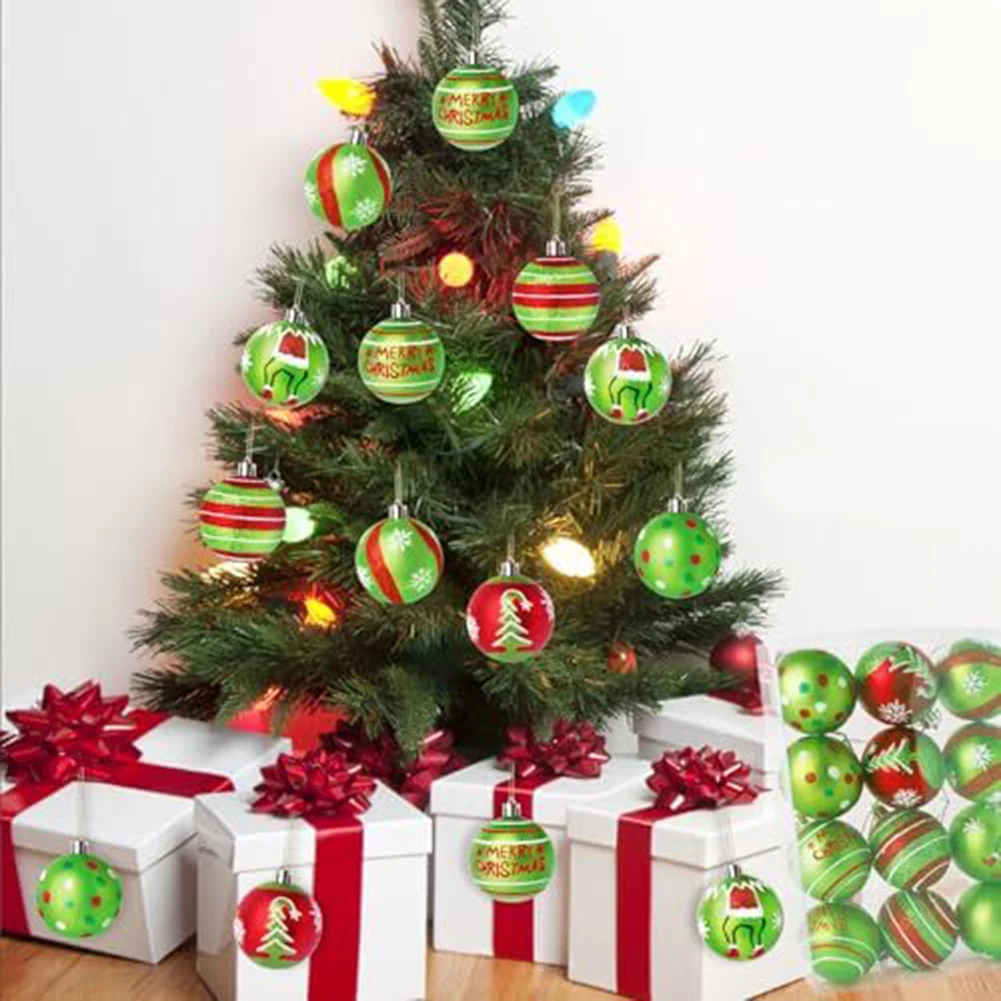 Christmas ball ornaments 12PCS set with handpainted snowflake polka dot and Christmas tree motifs for festive decoration