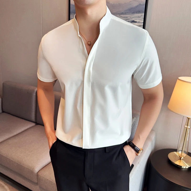 Chinese Style Standing Collar Short Sleeved Men Shirt 2024 Summer Solid Casual Elastic Slim Fit Shirt Fashionable Men Clothing