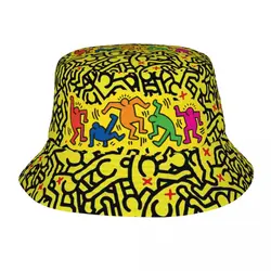 Fashion Graffiti Yellow June Bucket Hats Women Men Colorful Pop Art Haring Geometric Outdoor Sun Summer Fisherman Cap