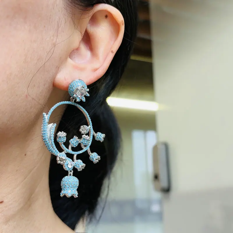 Bilincolor Fashion Blue Cubic Zirconia Flower Big Earring for Women