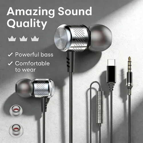 Auriculares con cable de Metal de graves profundos DAC tipo C 3,5mm con micrófono auriculares deportivos de música para teléfonos móviles portátiles auriculares para PC