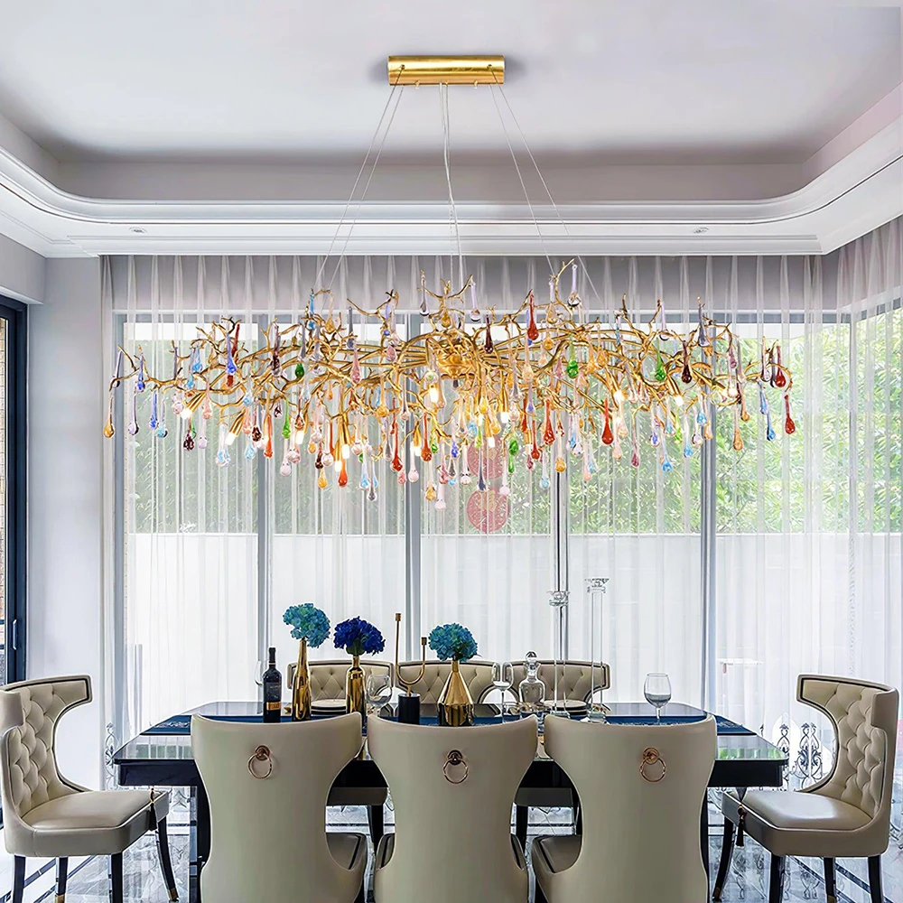 Vintage Luxury Crystal Chandelier Gold Copper Tree Branch Hanging Lamp with Colorful Crystal Pendant for Dining Room Villa Loft