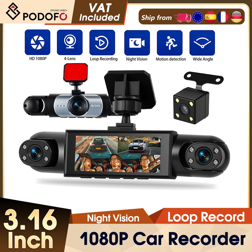 Podofo 3,16'' Dashcam mit vier HD-Objektiven, Bewegungserkennung, Auto-DVR, mehrsprachiger Auto-Videorekorder 150 °   Großer Betrachtungswinkel