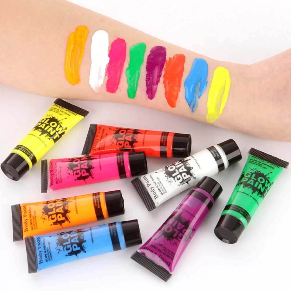 8Pcs Glowing Face Paint Fluorescent Body Makeup Neon Glow in The Dark Party Paint for Adult Women Men Festival Performance