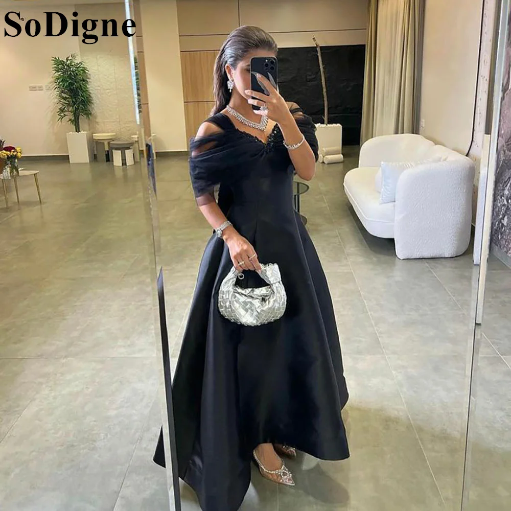 

SoDigne Black Off Shoulder Satin Evening Dresses V-Neck Glitter Watteau Train Elegant A-Line Celebrity Party Prom Gown for Women