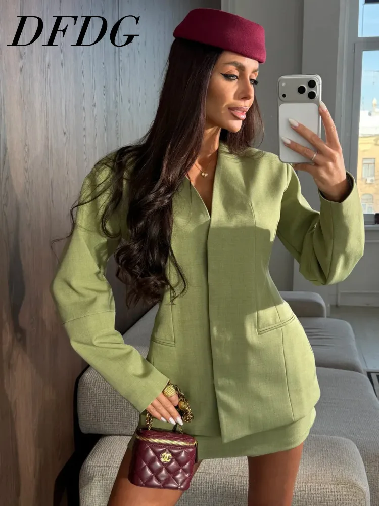 

DFDG Women's Spring Summer Collarless Fitted Blazer Mini Skirt Set Casual Streetwear 2026 Trendy Feminine Fashion Outfit
