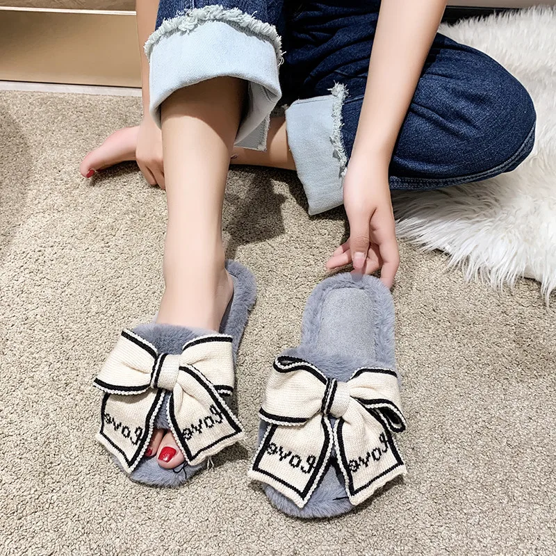 COOTELILI 2022 New Fashion Warm Women House Slippers Warm Shoes Woman Flats Bow Decoration Slippers Comfortbal Size 36-41