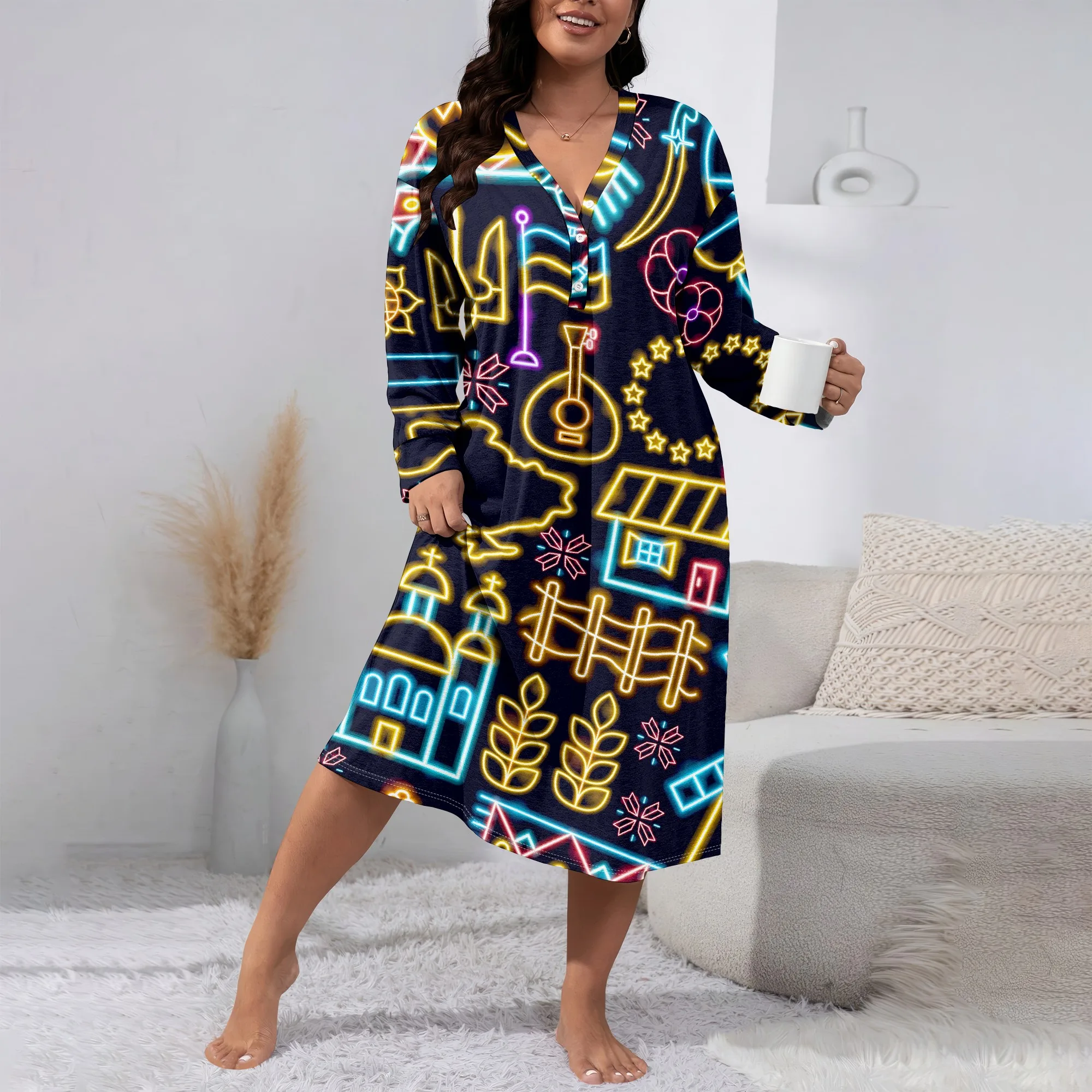 

Women's Autumn 3D Fashion Printed V-neck Retro Casual Long- Sleeved Dress