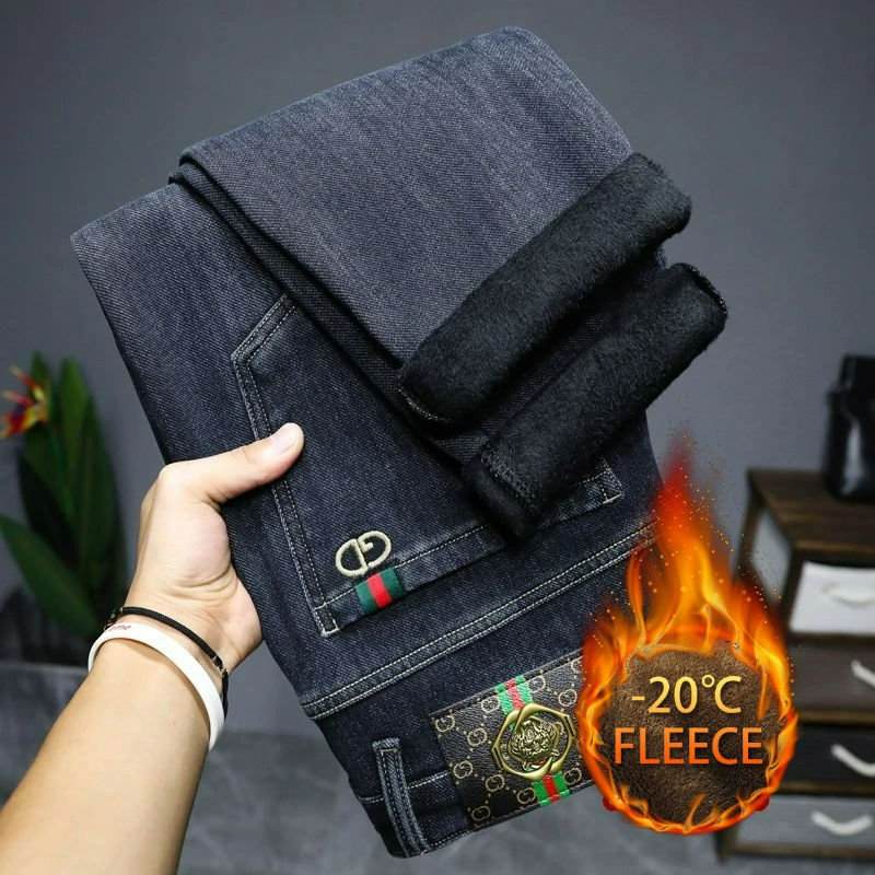 Men's Autumn Winter Jeans Warm Straight Fit Fleece-lined Warm Denim Pants Male Classic Business Stretch Thickeb Cowboy Trousers