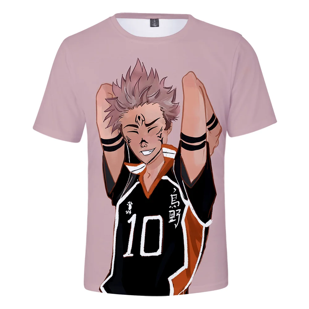 Camiseta 3D Jujutsu Kaisen X Haikyuu para hombre y mujer, camisa de cuello redondo, moda 3D, camisetas de manga corta informales