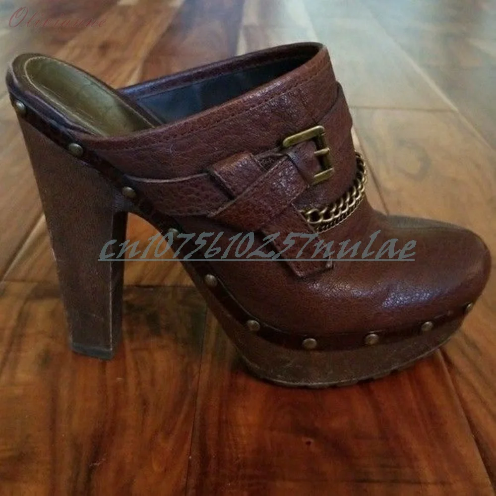 Braune Metallkette Dekor Schnalle Gürtelriemen Hausschuhe Retro Chunky High Heel Party Elegante Dame Damenschuhe 2026 Sexy Para Mujere