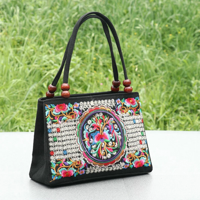 Ethnic Style Double-sided Embroidered Double-layer Bag Canvas Bag Embroidered Middle-aged And Elderly Women Handbag Square Bag