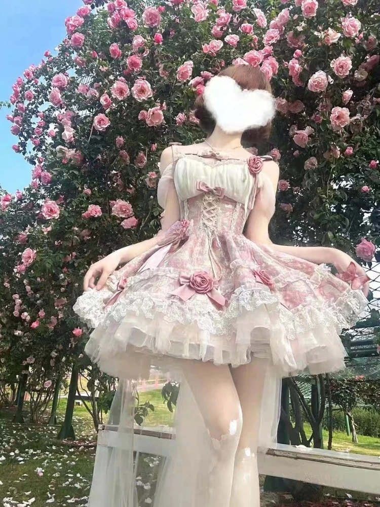 الحلو لوليتا المرأة فستان الأميرة قبالة الكتف حبال تصميم أنيق القوس الدانتيل ضئيلة Kawaii الإناث لطيف حفلة عادية لوليتا وتتسابق #5