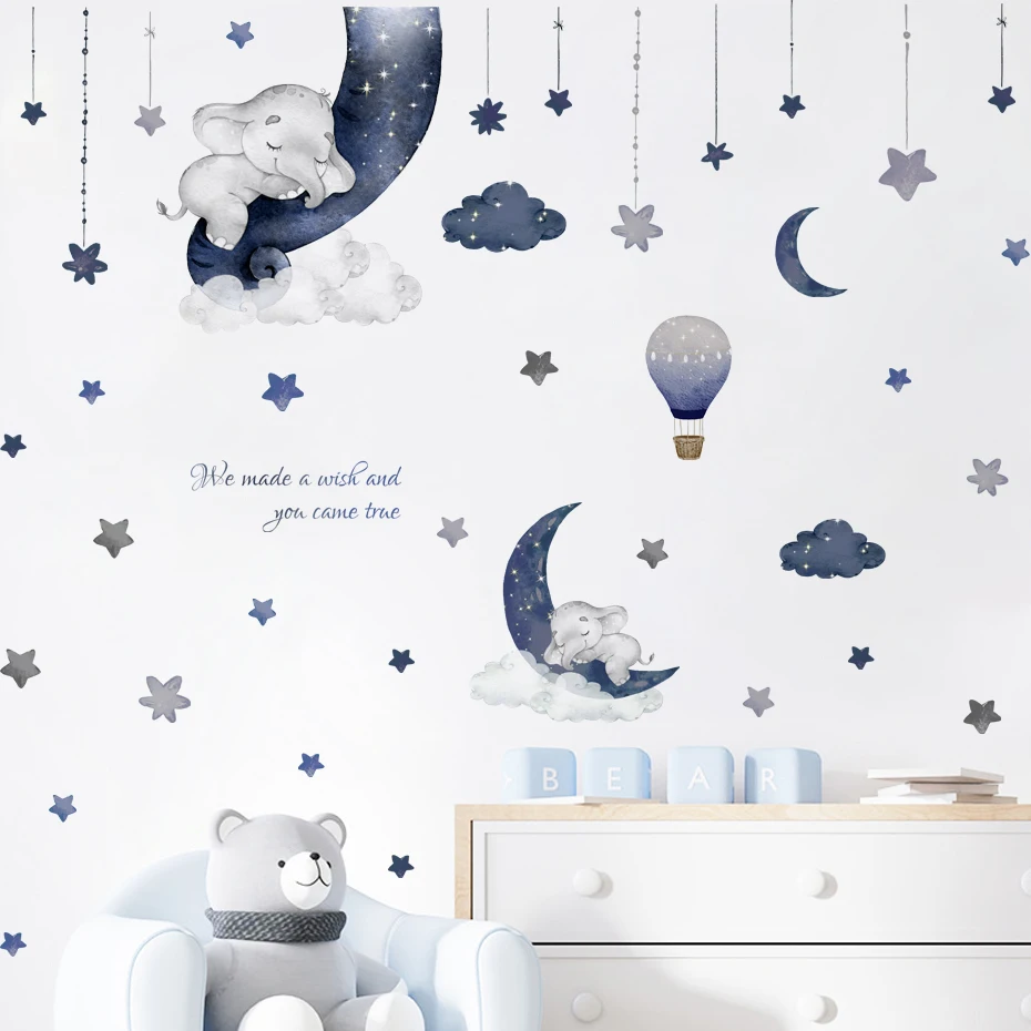 Watercolor Blue Sleeping Elephant Wall Decals Hot Air Balloon Nursery Decor Home Baby Kids Boy Toddler Bedroom Playroom Art Gift