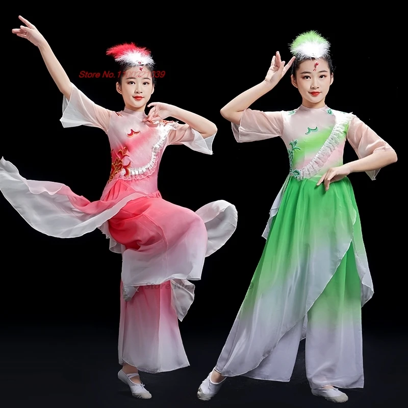 

2025 chinese vintage children folk dance costume gradient color chiffon hanfu tops+pants set traditional stage performance dress