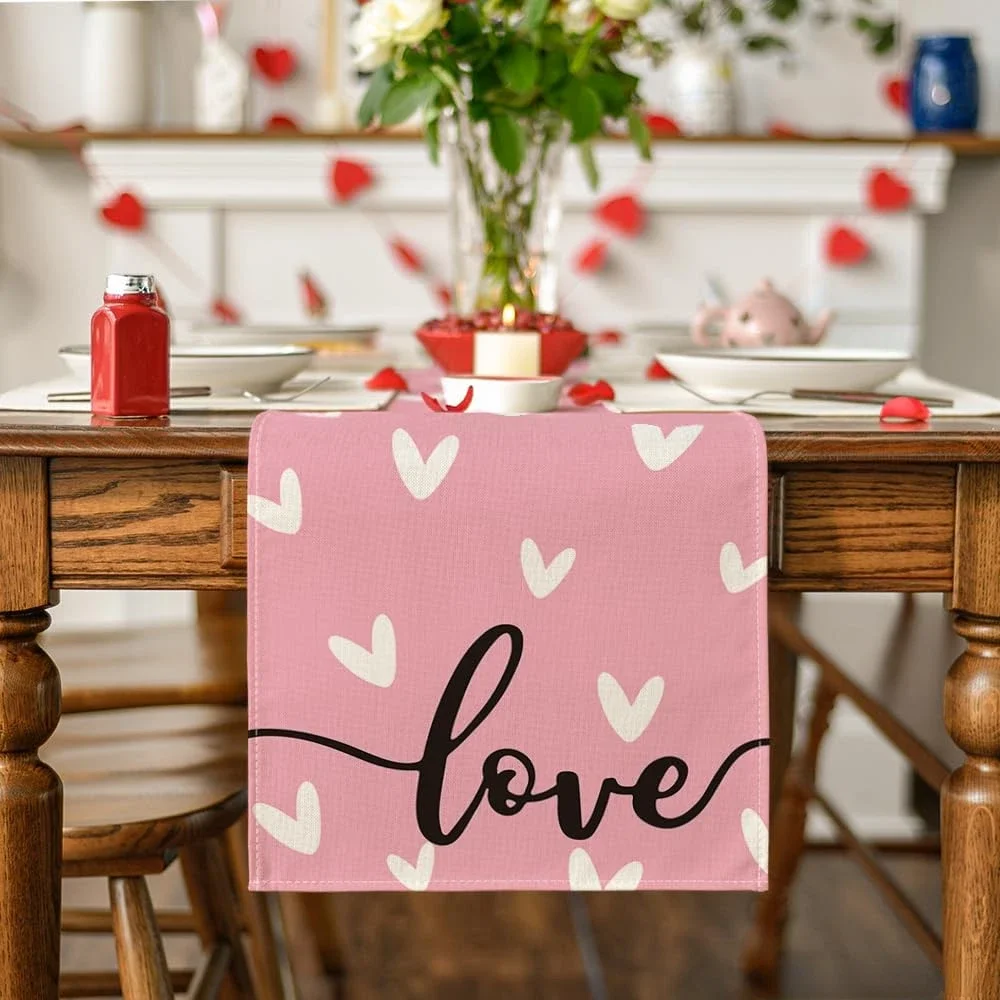 Valentine's Day Pink Love Heart Linen Table Runners Holiday Party Decor Anniversary Dining Table Runners Wedding Decorations