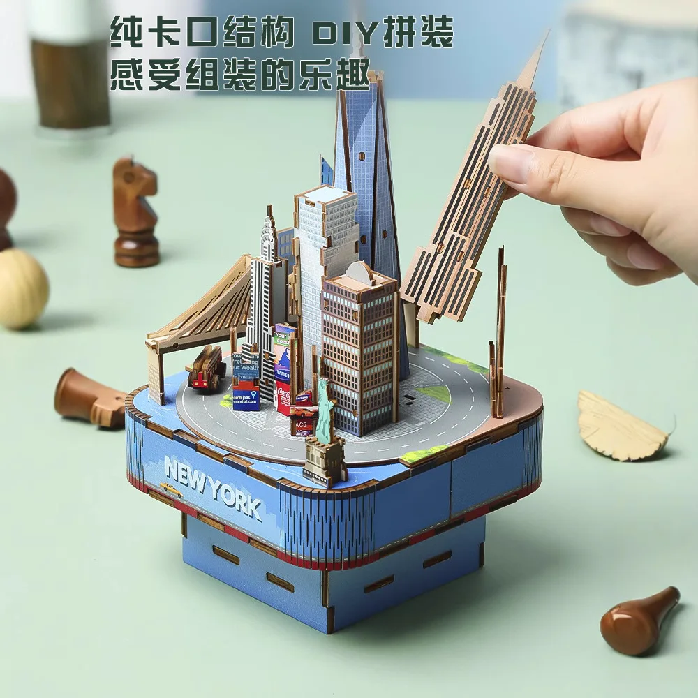 Chaotong Fashion New York Wooden Music Box High Difficulty Assembling Model 3D Puzzle Adult Creative Gift