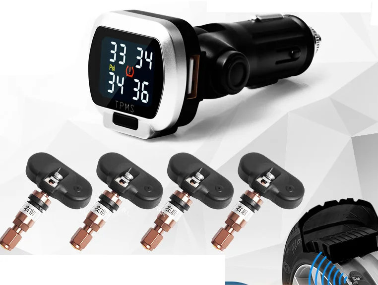 4 Sensor TPMS Alarm System USB Car  Wireless Cigarette Lighter Transmission Tire Pressure Monitoring