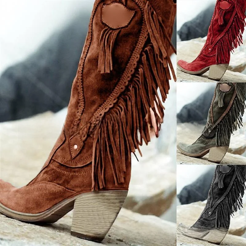 

Women's Mid-Calf Fringe Boots Chunky Heel New Arrival Winter Faion Boots Pure Color European Sle Ultra High Heel Cotton L...