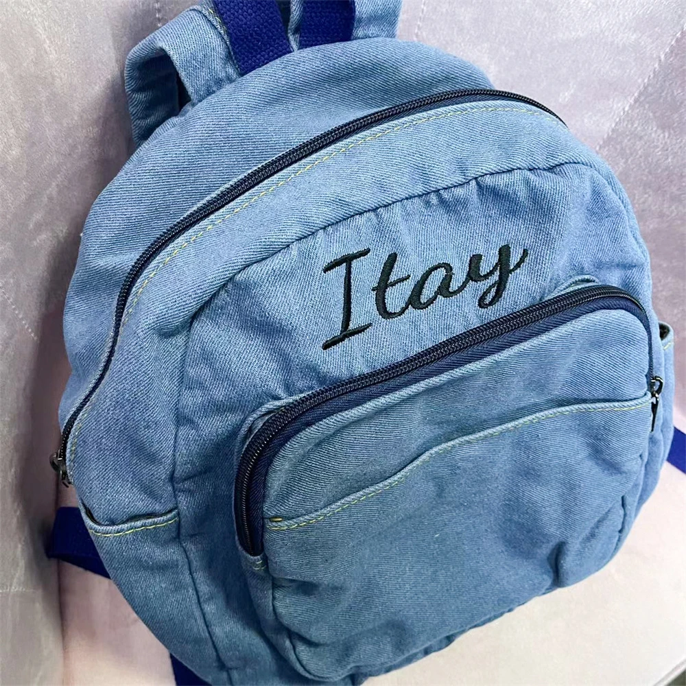 Personalizzato personalizzato di zaino in Denim di tela multifunzionale alla moda semplice e Casual, borsa da viaggio per studenti all'aperto con ricamo