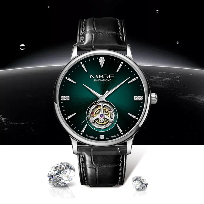 MIGE Thin Mens Open Heart Auto Watch Emerald Green Dial Inlaid Crystal Black Leather Band Luxury Gentleman Mechanical Wrist Watc