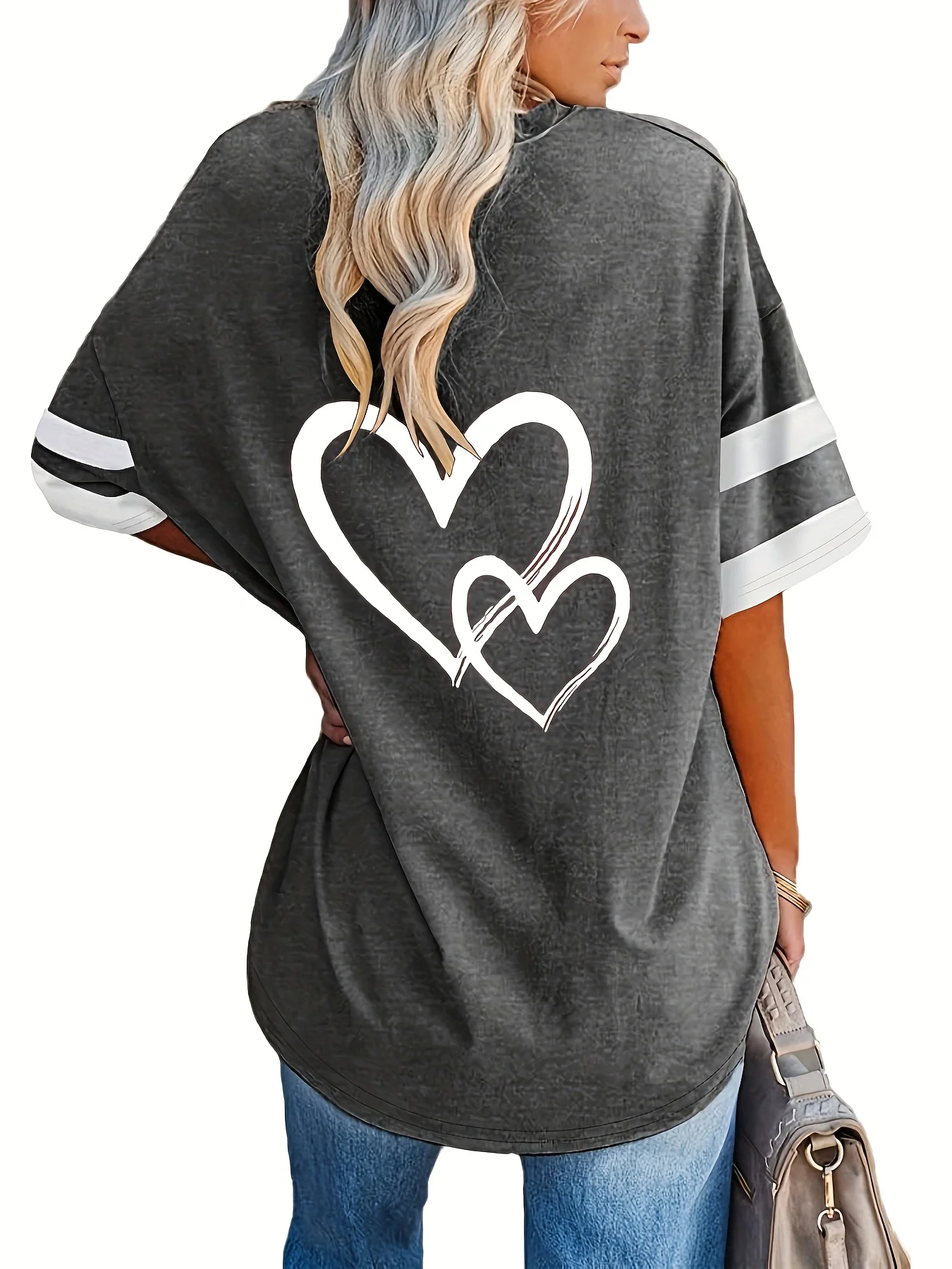 Comfortabele grote maat hartvormige damestop met korte mouwen 2025, trendy casual damesbovenkleding