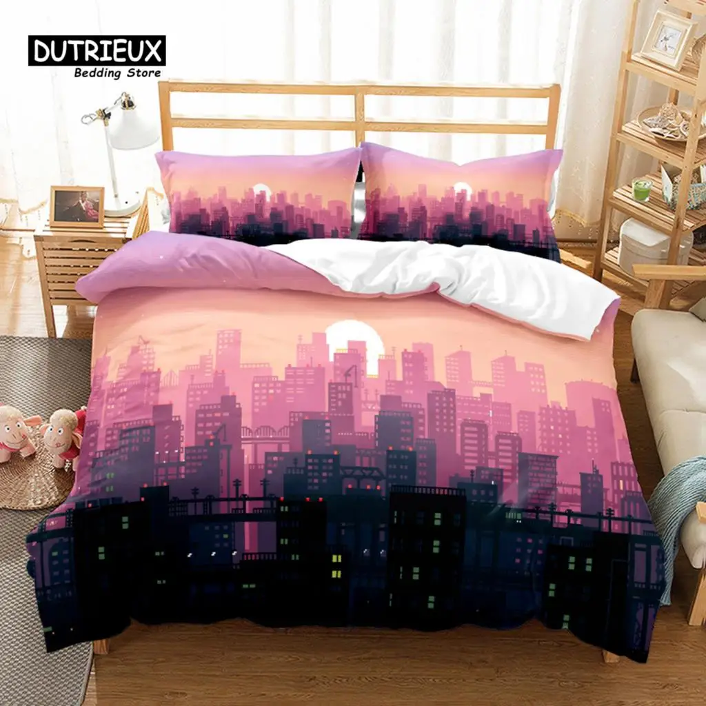 Virtual Cyber City Duvet Cover Set, Fashion Bedding Set, Soft Comfortable Breathable Duvet Cover, For Bedroom Guest Room Decor