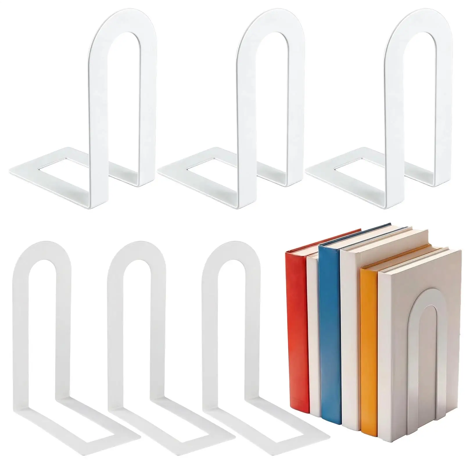 Metal Bookends 6 Pieces Non-Skid Heavy-Duty Stackable Organizer Metal Book Holders For Home Offices Cafes School Libraries