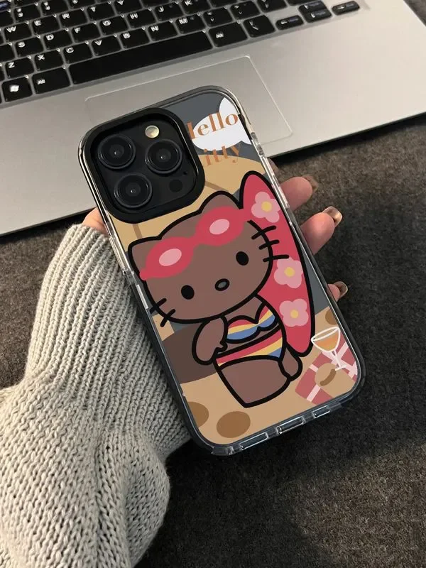 Sanrio Hello Kitty Surfing Sexy Black KT Phone Case For iPhone 16 15 14 12 13 11 Pro Max XR XS MAX 7 8PLUS MINI Kawaii Y2K Cover