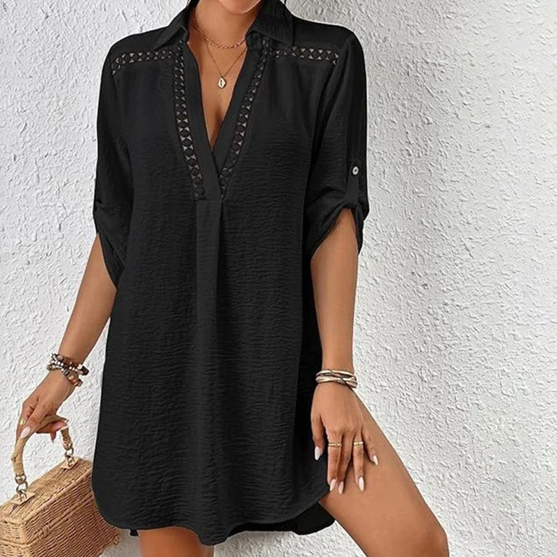 New V-Neck Lace Hollow White Large Shirts Women Beach Vocation Bikini Cover Ups Swimwear Bathing Suit Summer Beach Wear Tunic