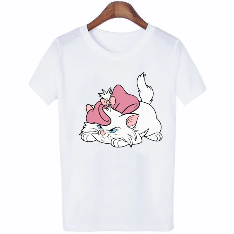 Cartoon Marie Cat Women\'s T-shirt Disney The Aristocats Graphic Print Summer Short Sleeve Summer Crew Neck Casual Top for Girls