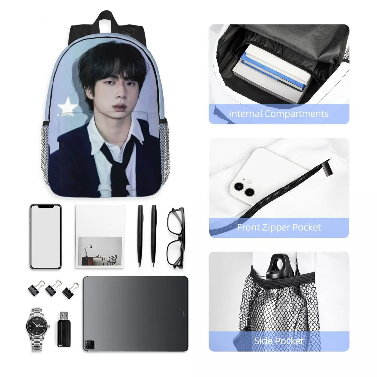 Popular-KPOP-Like-RM Novo padrão elegante bolsa escolar estampada mochila leve de 15 polegadas