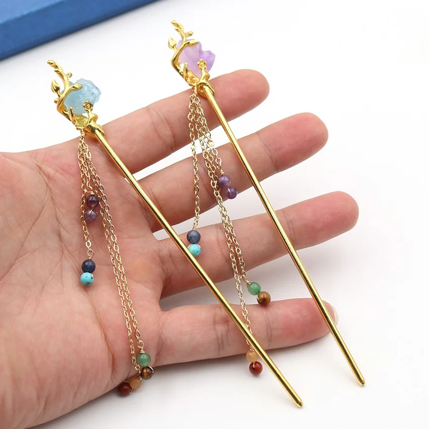 XSM Crystal Hairpin stile cinese Color oro Hair Stick per le donne Hanfu ametista naturale acquamarina 7 chakra nappa Accessorise