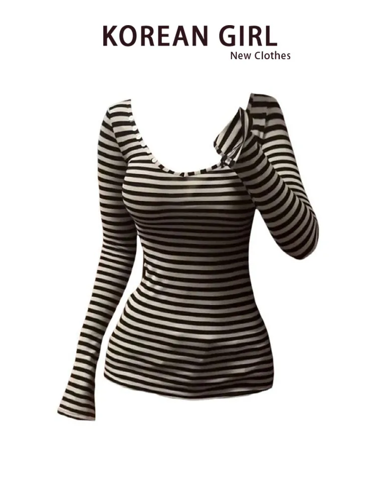 Slim Fit Long Sleeve T-Shirt Women's Spring Autumn 2025 New Style U-Neck Striped Top Fashionable Comfortable Inner Wear