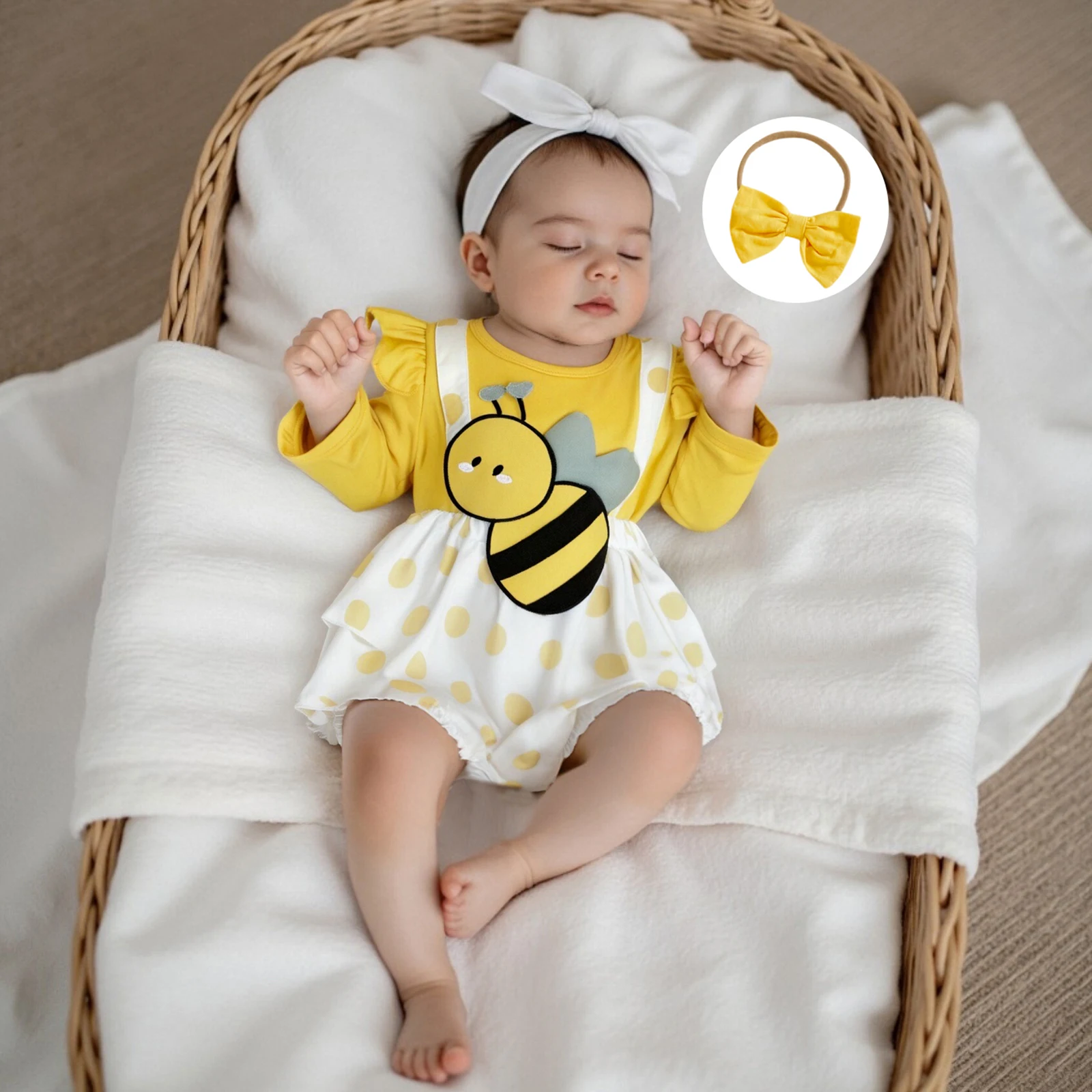 

Комплект одежды с изображением пчелы для маленьких девочек, комбинезон с длинными рукавами и оборками, повязка на голову с бантом, милый костюм для младенцев